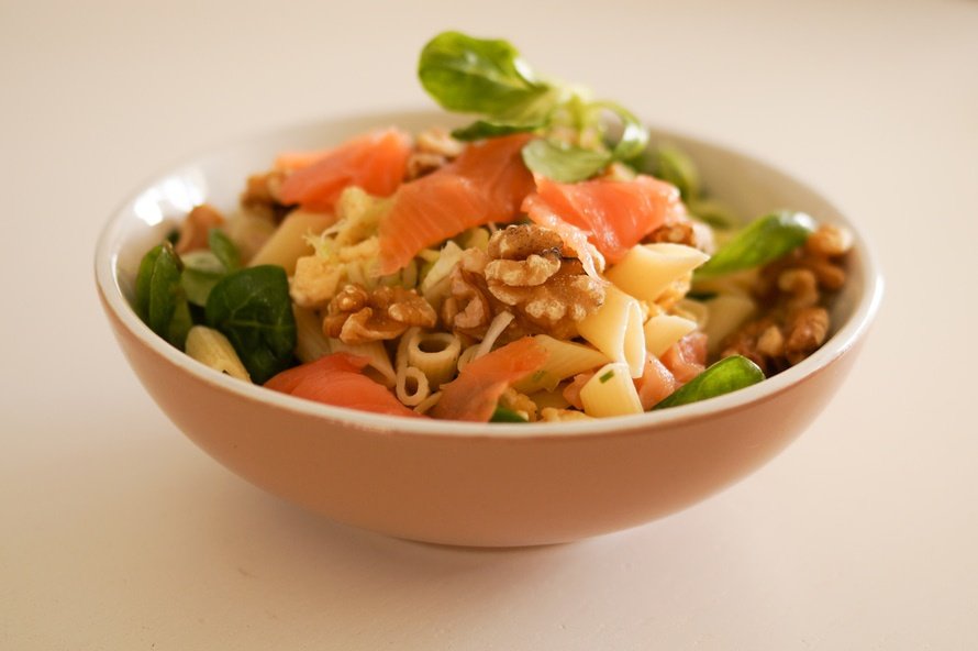 Healthy meal with vegetables, pasta, nuts Healthy meal with vegetables, pasta, nuts