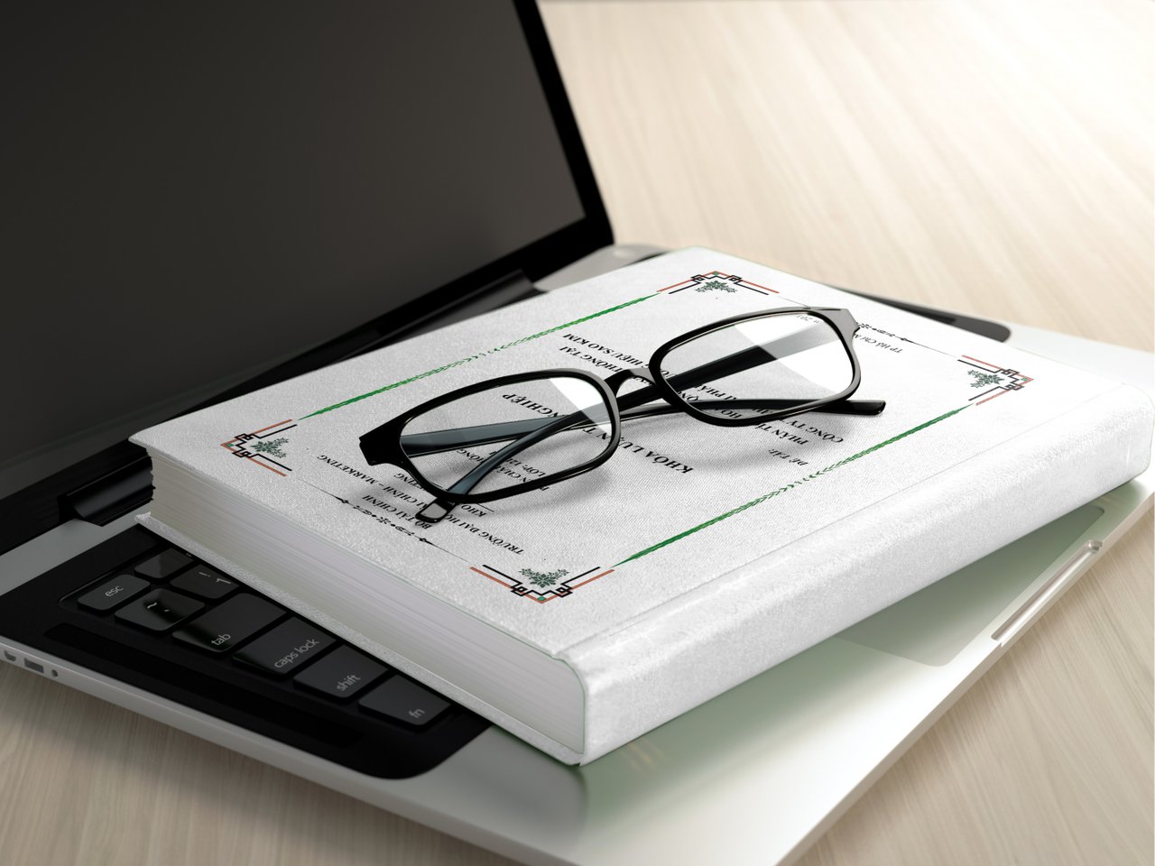 glasses, book and laptop on table glasses, book and laptop on table