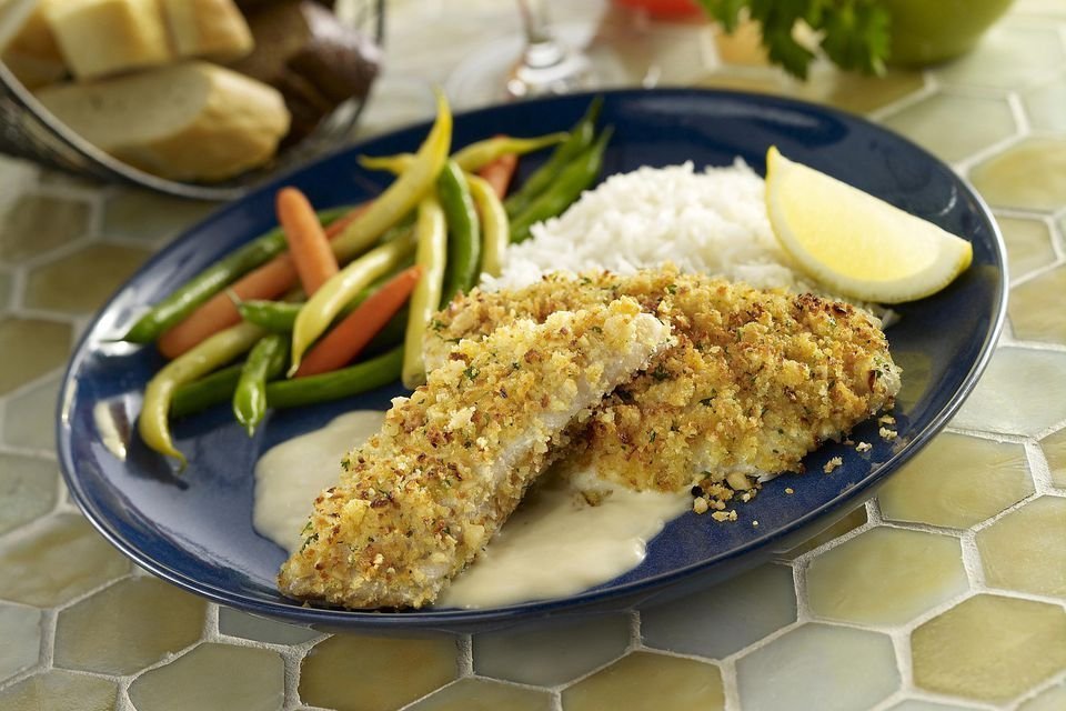 Keto recipe baked Tilapia Fillets with Mustard-Pecan Crust