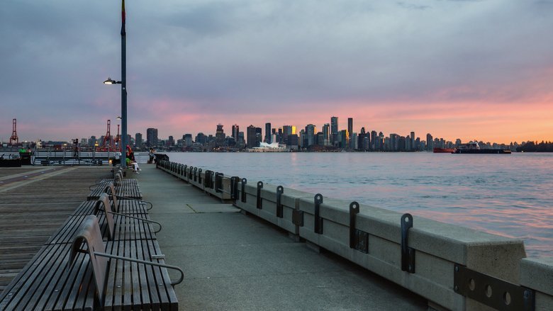 Lonsdale Dock and view of sunset over Vancouver, BC Lonsdale Dock and view of sunset over Vancouver, BC