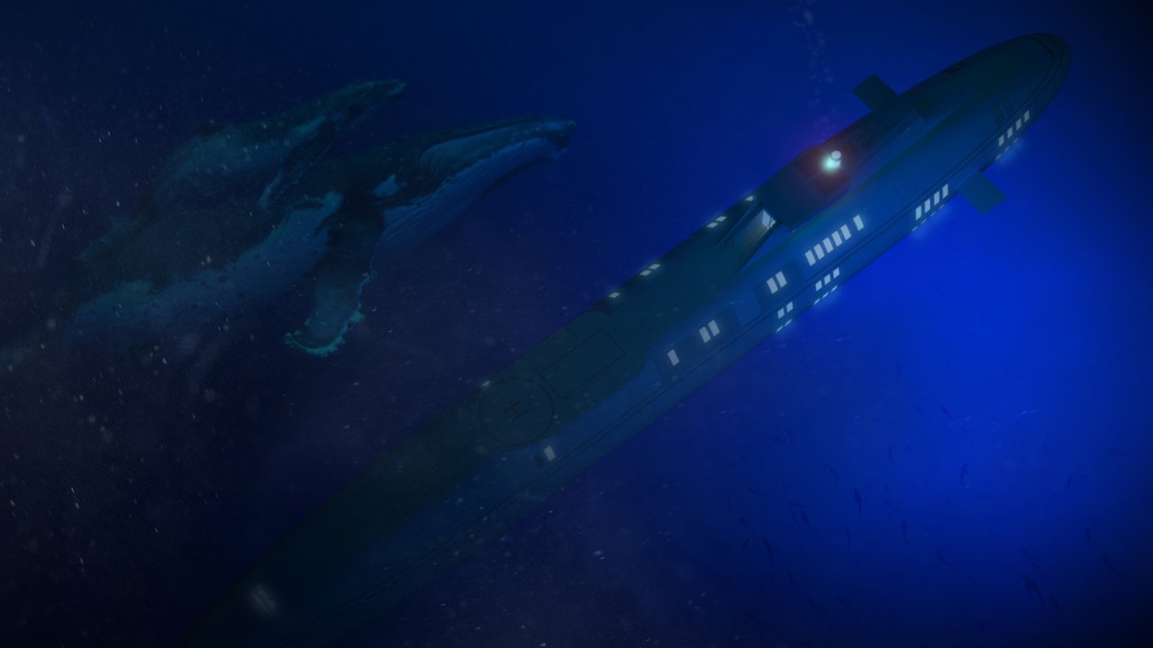 Migaloo superyacht submarine submerged with whale Migaloo superyacht submarine submerged with whale